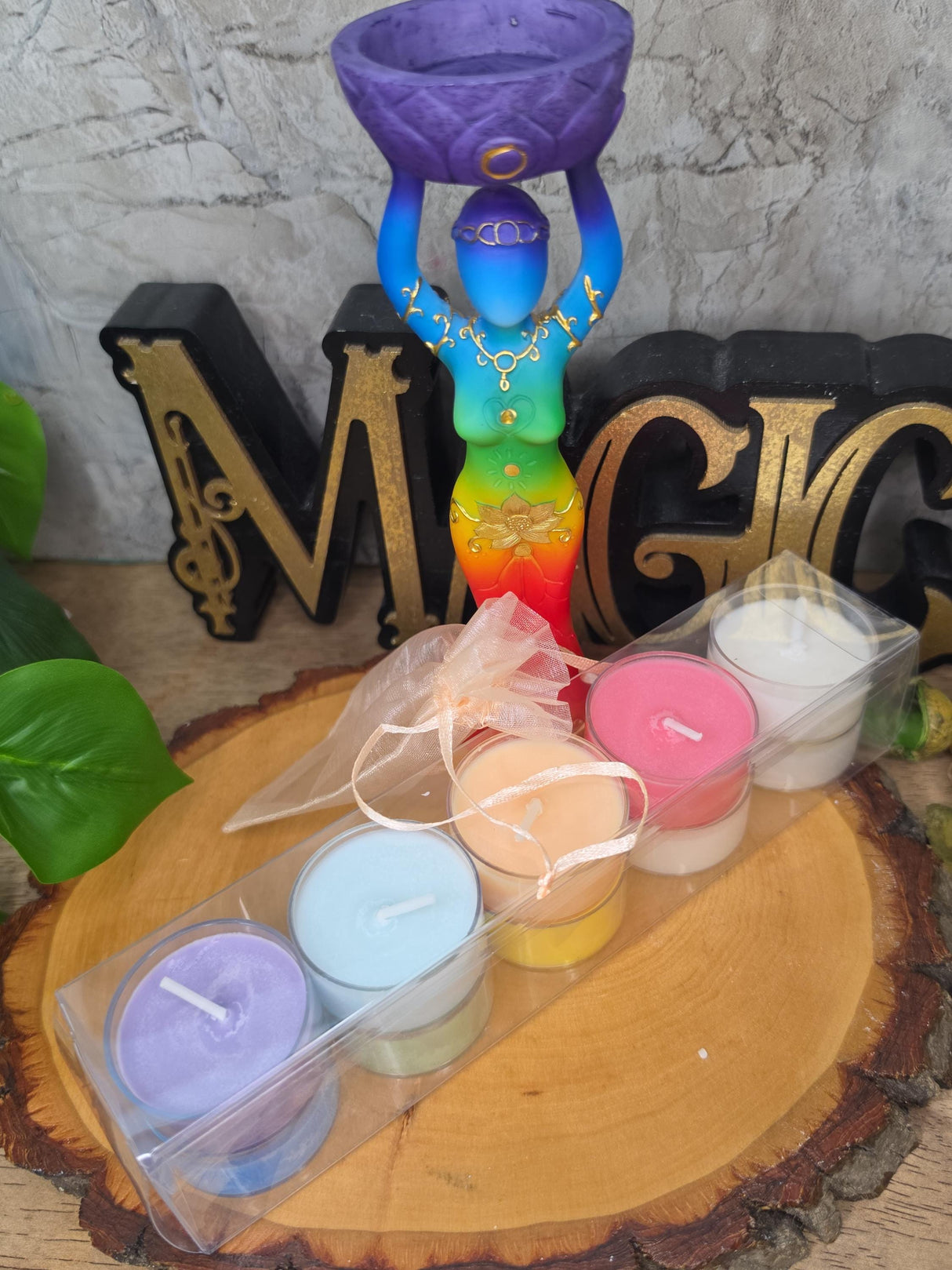 Seven Chakra Goddess Candle Gift Set, 7 Chakra Soy Tea Lights, Goddess Candle Holder, Spiritual Gift, Meditation & Ritual Decor