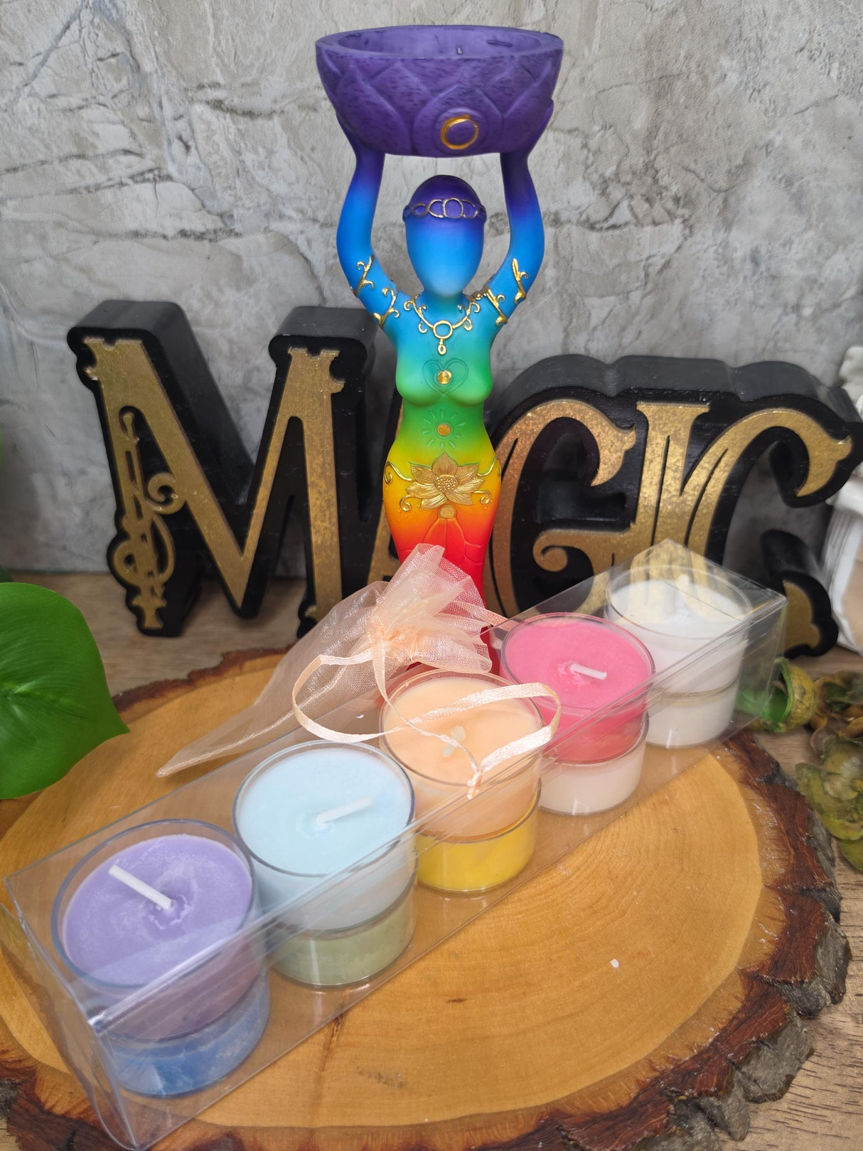 Seven Chakra Goddess Candle Gift Set, 7 Chakra Soy Tea Lights, Goddess Candle Holder, Spiritual Gift, Meditation & Ritual Decor