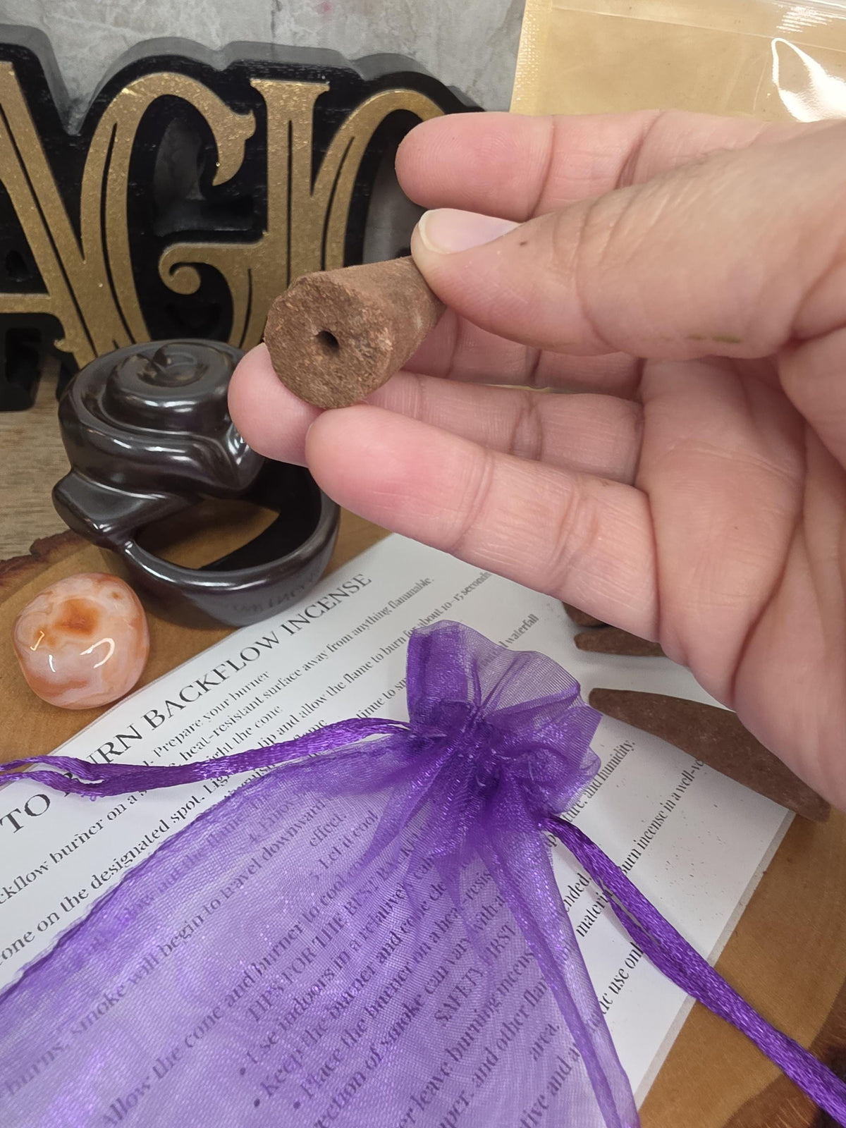 Backflow Incense Gift Set with Ceramic Burner, 10 Jumbo Cones, Tumbled Crystal & Organza Pouch