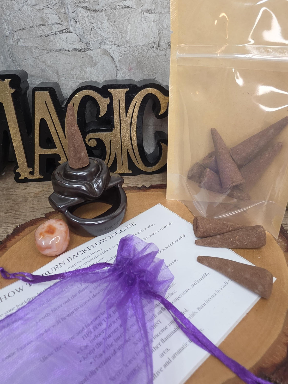 Backflow Incense Gift Set with Ceramic Burner, 10 Jumbo Cones, Tumbled Crystal & Organza Pouch
