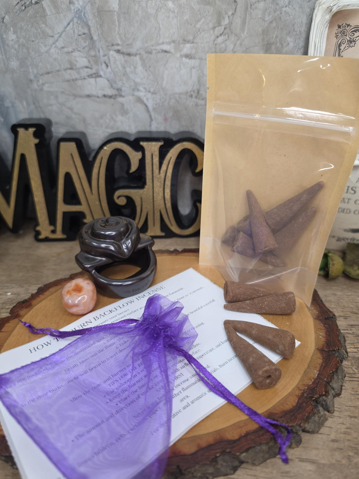 Backflow Incense Gift Set with Ceramic Burner, 10 Jumbo Cones, Tumbled Crystal & Organza Pouch