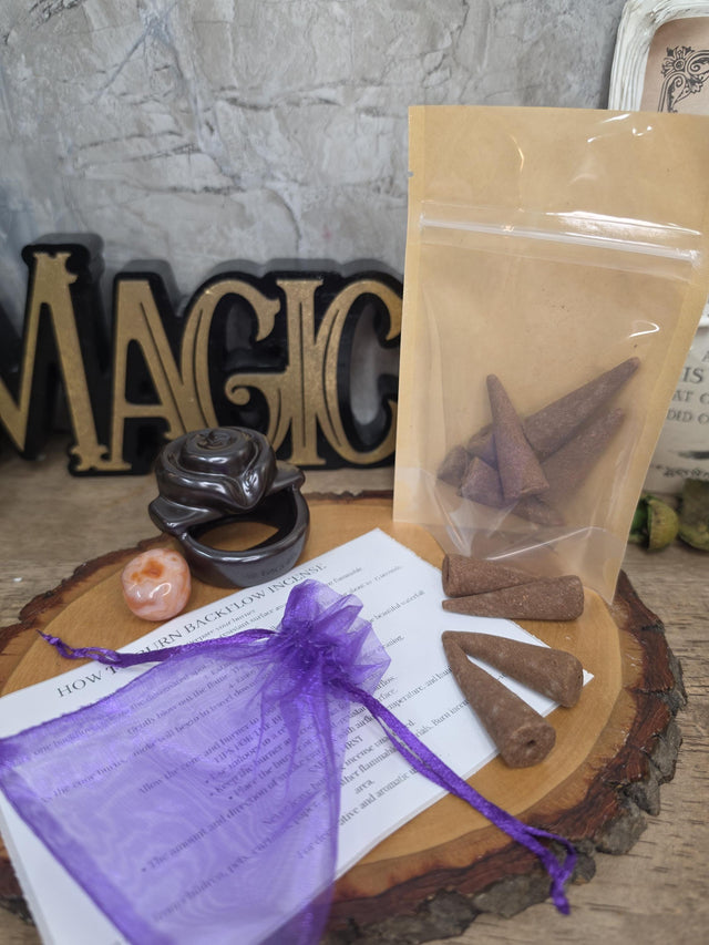Backflow Incense Gift Set with Ceramic Burner, 10 Jumbo Cones, Tumbled Crystal & Organza Pouch