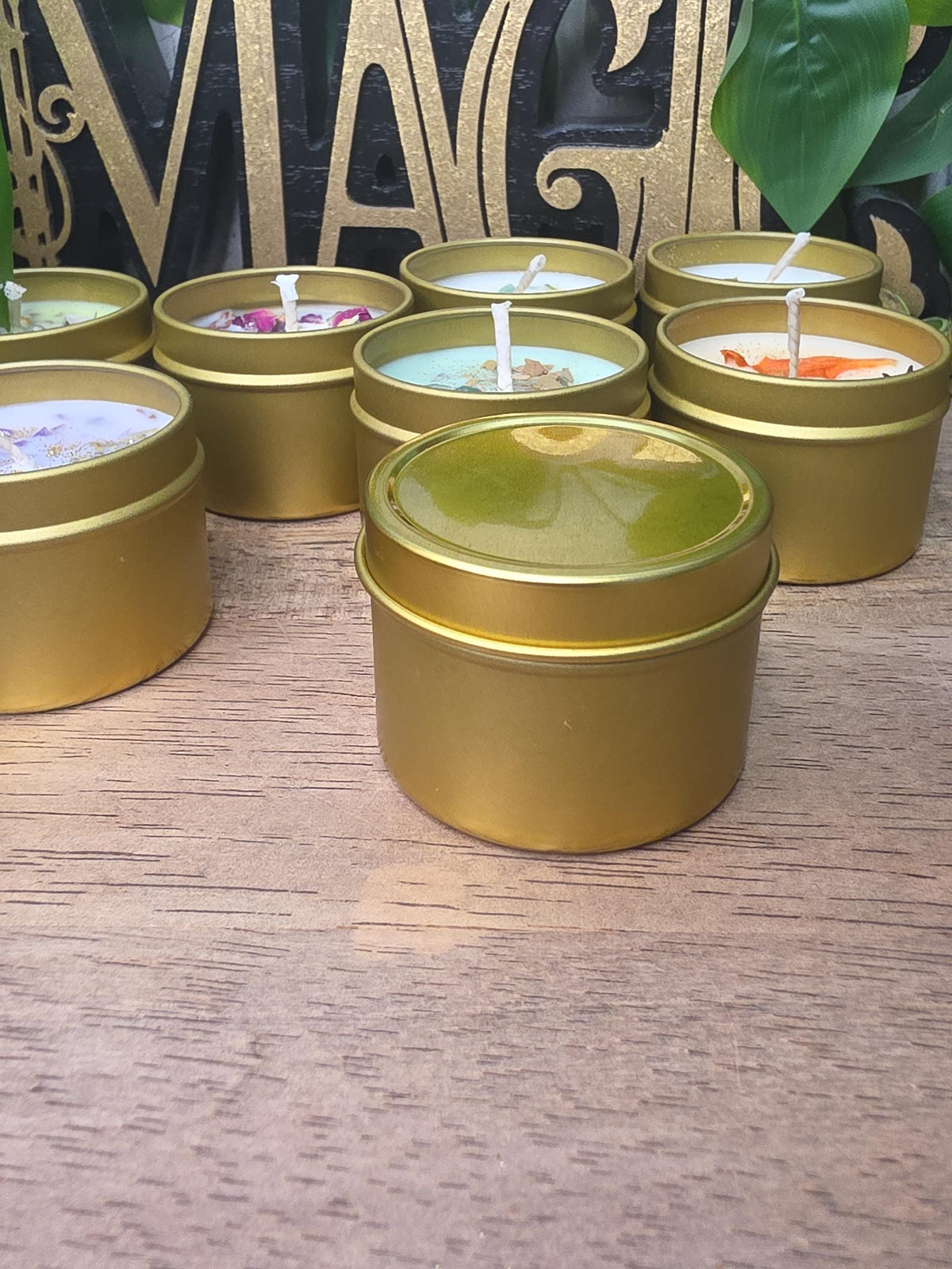 Crystal Candle in Gold Tin, Handmade Soy Wax Candle, Flower Decor, Christmas Gift, Stocking Stuffer, 2oz Mini