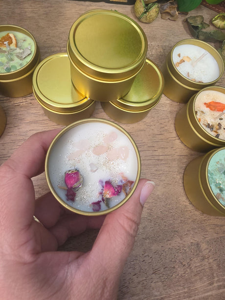 Crystal Candle in Gold Tin, Handmade Soy Wax Candle, Flower Decor, Christmas Gift, Stocking Stuffer, 2oz Mini