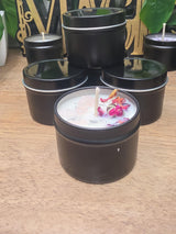 Handmade Crystal Flower Soy Candle, Black Tin, Witchy Mystical Home Fragrance