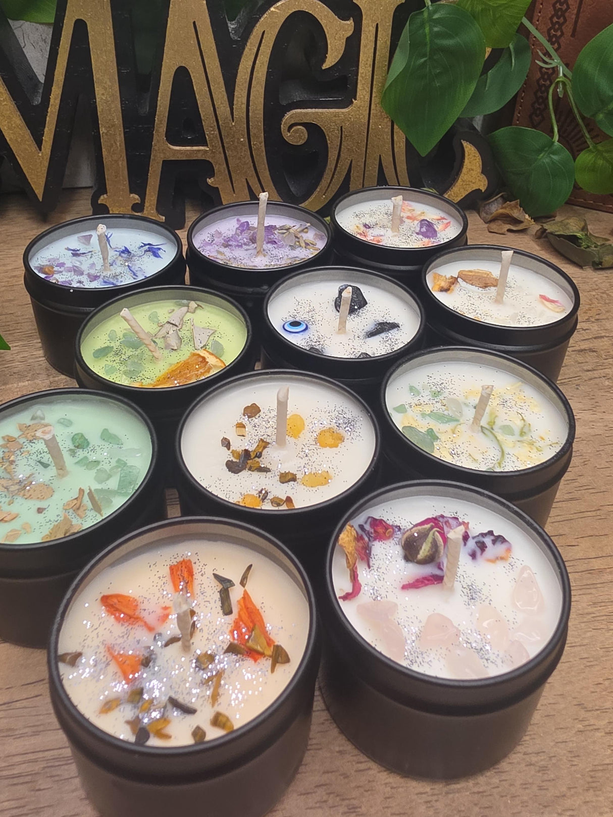 Handmade Crystal Flower Soy Candle, Black Tin, Witchy Mystical Home Fragrance