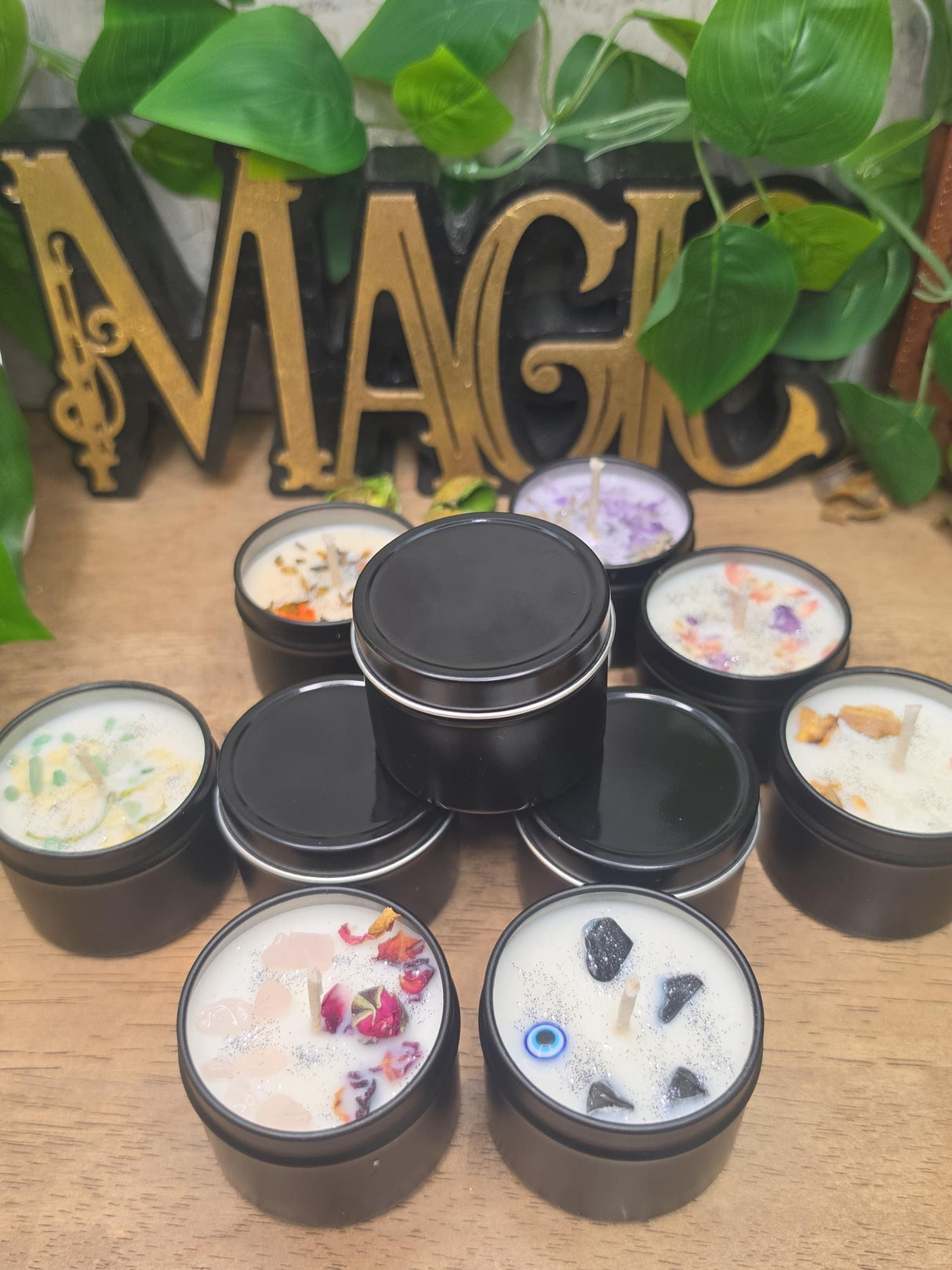 Handmade Crystal Flower Soy Candle, Black Tin, Witchy Mystical Home Fragrance