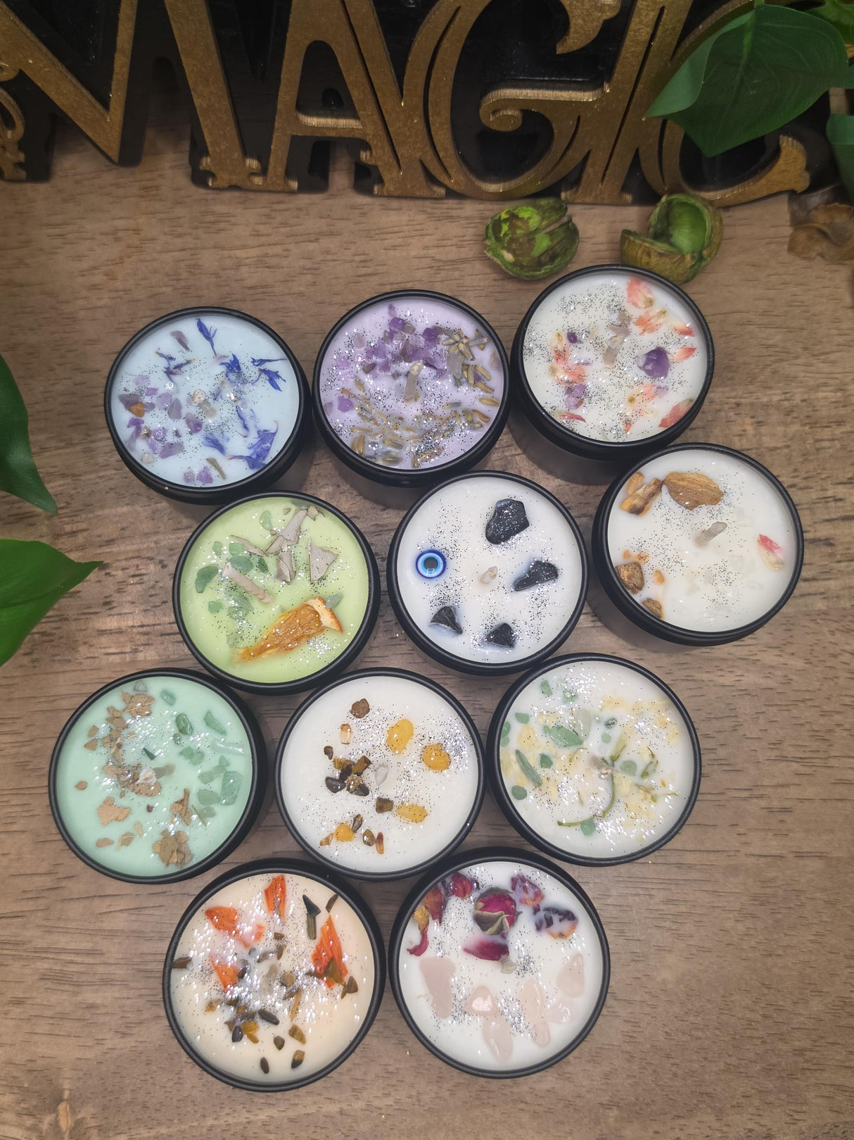 Handmade Crystal Flower Soy Candle, Black Tin, Witchy Mystical Home Fragrance