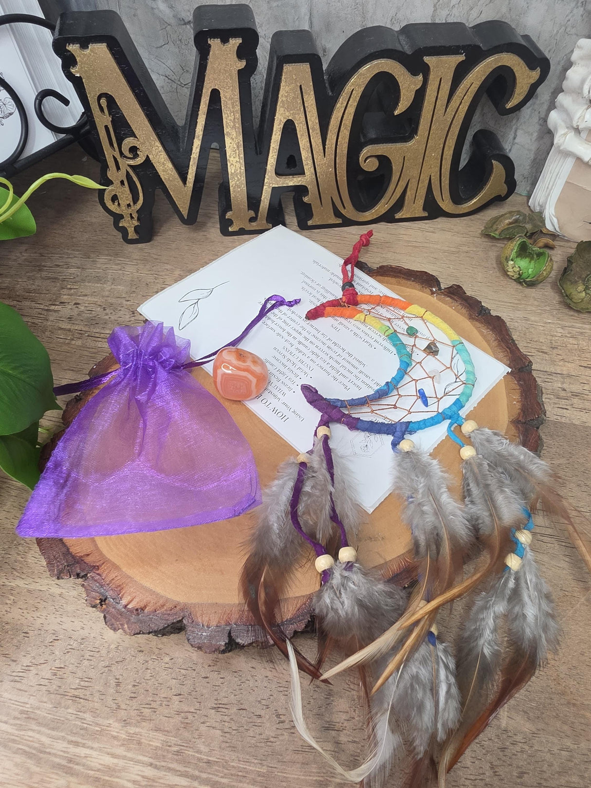 Moon Dream Catcher with Crystals | 7 Chakra Inspired Handmade Wall Decor | Tumbled Stone | Spiritual Gift