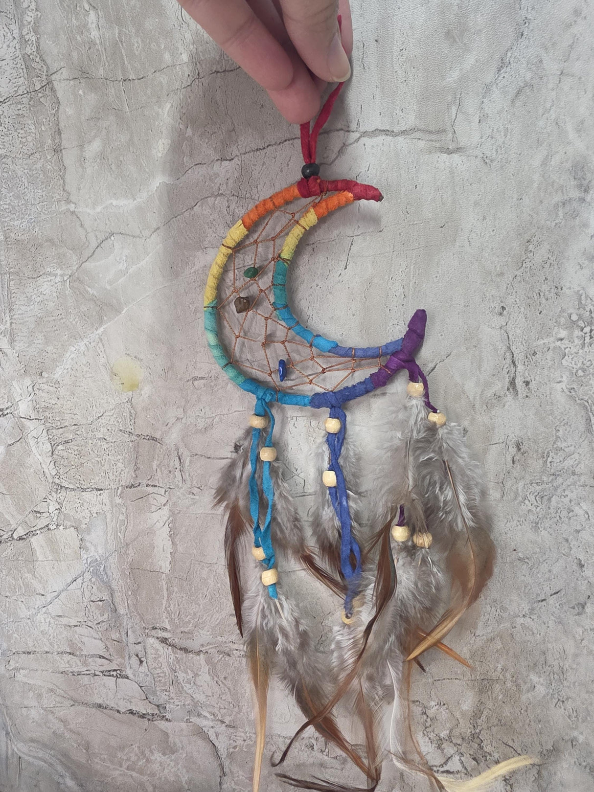 Moon Dream Catcher with Crystals | 7 Chakra Inspired Handmade Wall Decor | Tumbled Stone | Spiritual Gift