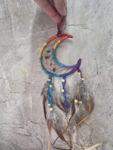 Moon Dream Catcher with Crystals | 7 Chakra Inspired Handmade Wall Decor | Tumbled Stone | Spiritual Gift