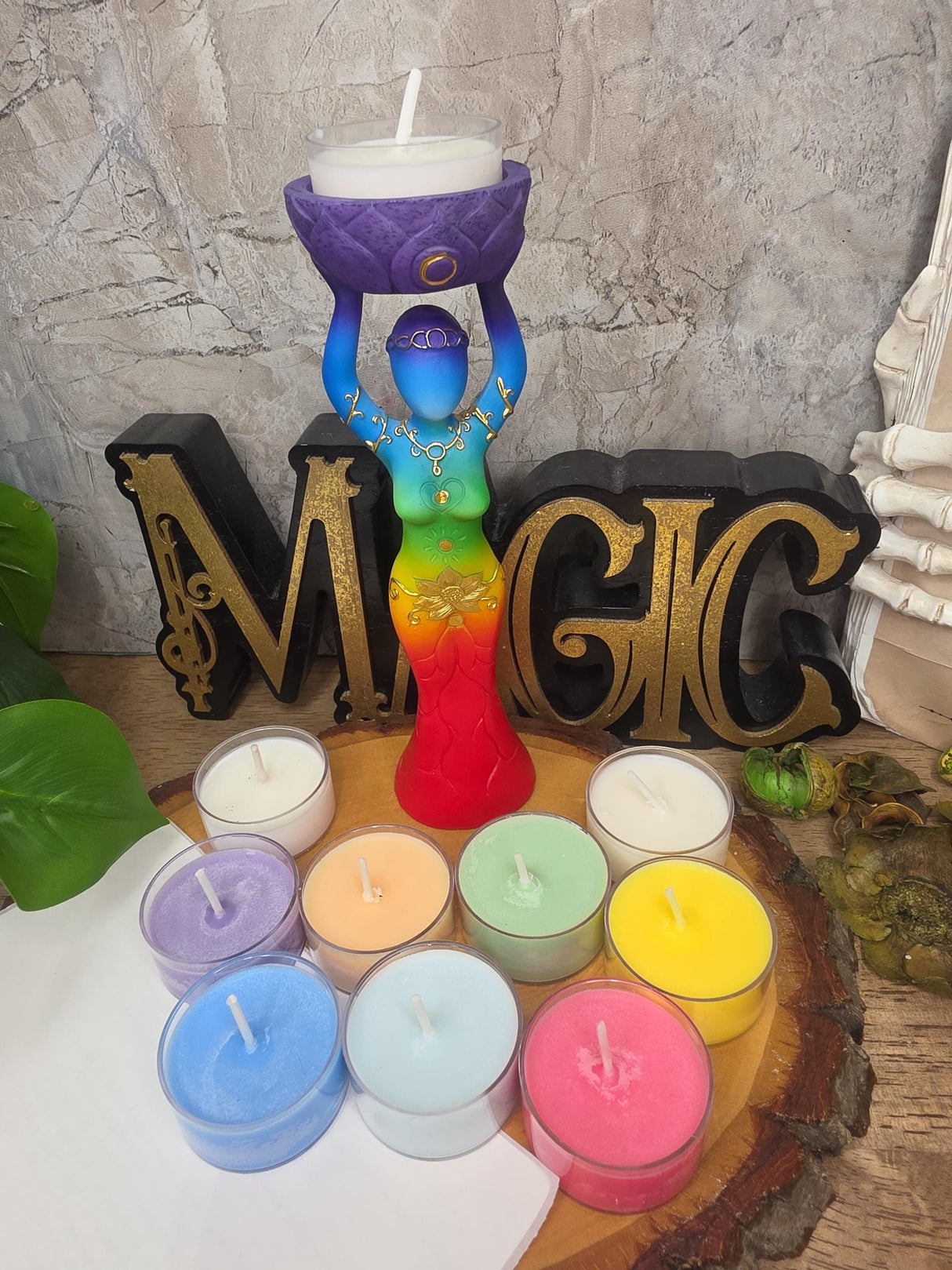 Seven Chakra Goddess Candle Gift Set, 7 Chakra Soy Tea Lights, Goddess Candle Holder, Spiritual Gift, Meditation & Ritual Decor
