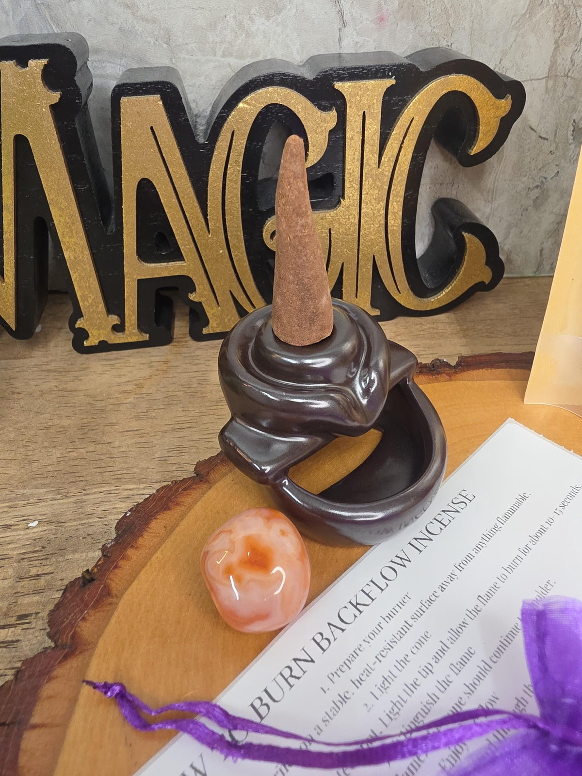 Backflow Incense Gift Set with Ceramic Burner, 10 Jumbo Cones, Tumbled Crystal & Organza Pouch