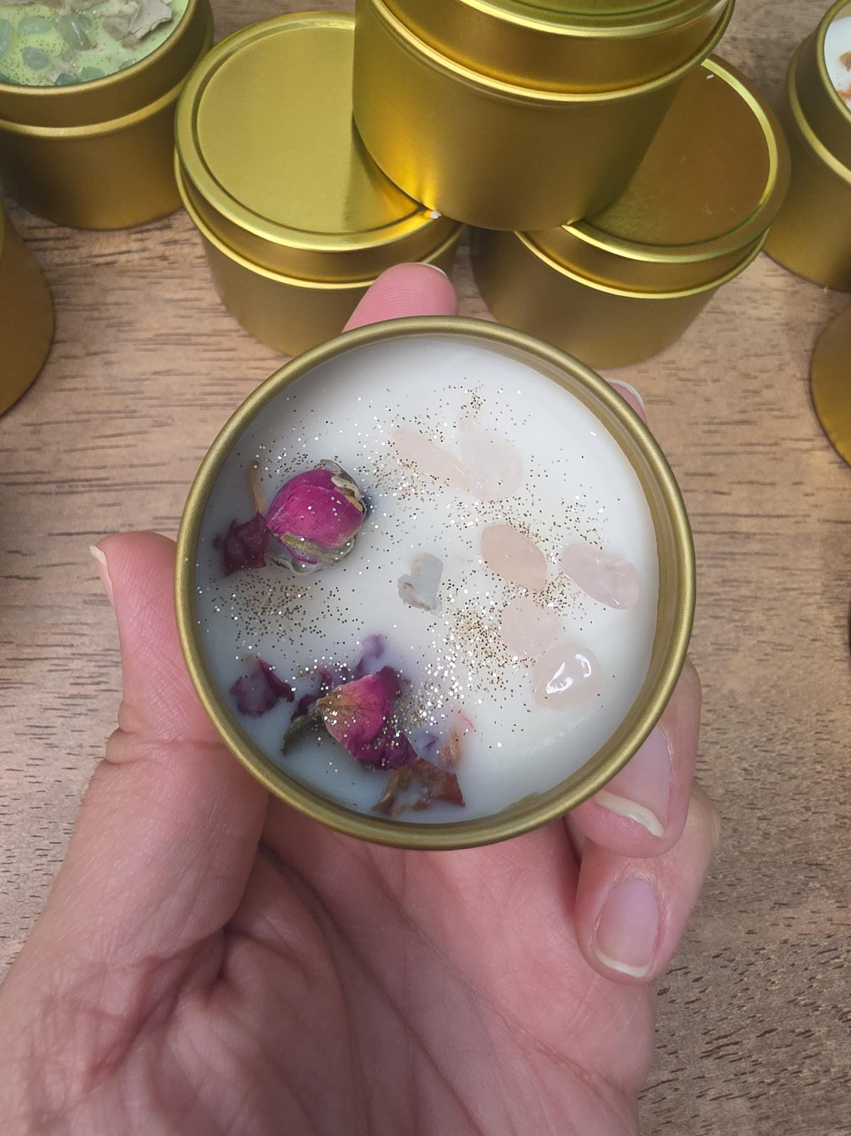 Crystal Candle in Gold Tin, Handmade Soy Wax Candle, Flower Decor, Christmas Gift, Stocking Stuffer, 2oz Mini