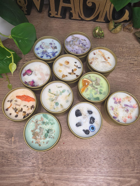 Crystal Candle in Gold Tin, Handmade Soy Wax Candle, Flower Decor, Christmas Gift, Stocking Stuffer, 2oz Mini