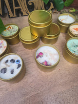 Crystal Candle in Gold Tin, Handmade Soy Wax Candle, Flower Decor, Christmas Gift, Stocking Stuffer, 2oz Mini