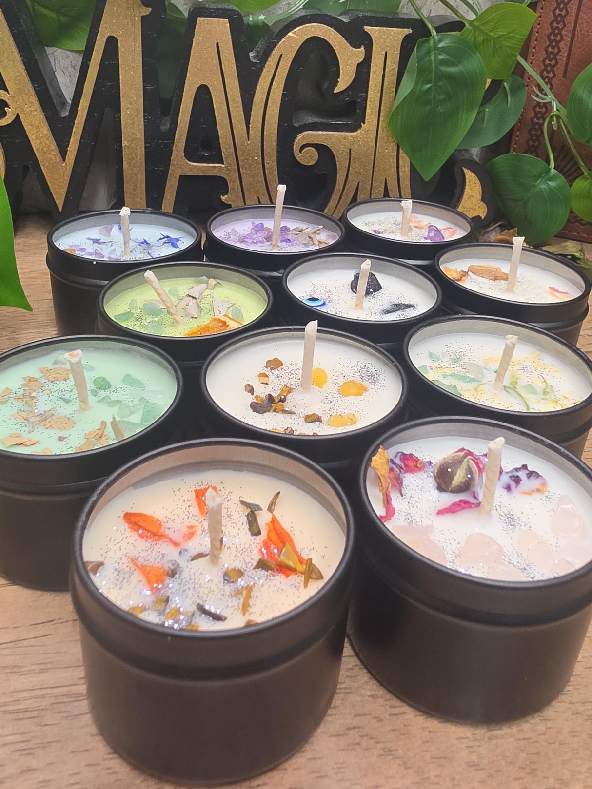 Handmade Crystal Flower Soy Candle, Black Tin, Witchy Mystical Home Fragrance