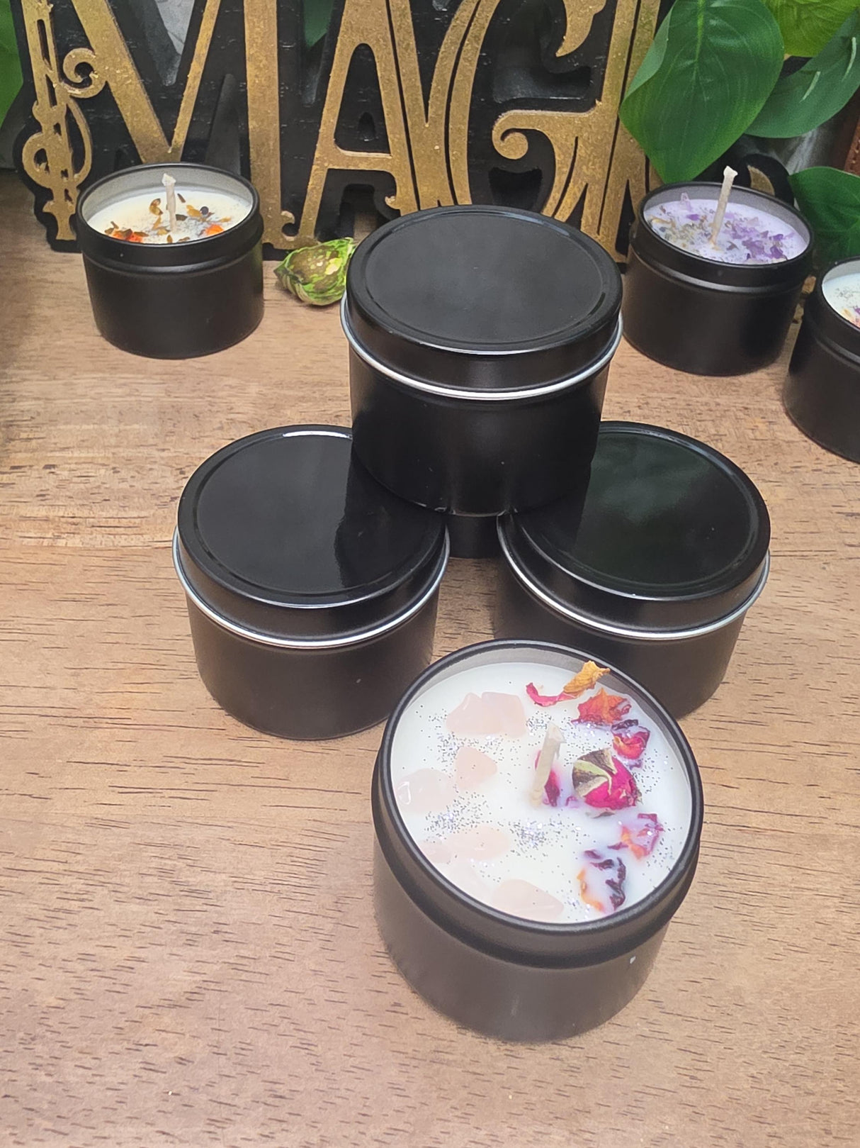Handmade Crystal Flower Soy Candle, Black Tin, Witchy Mystical Home Fragrance