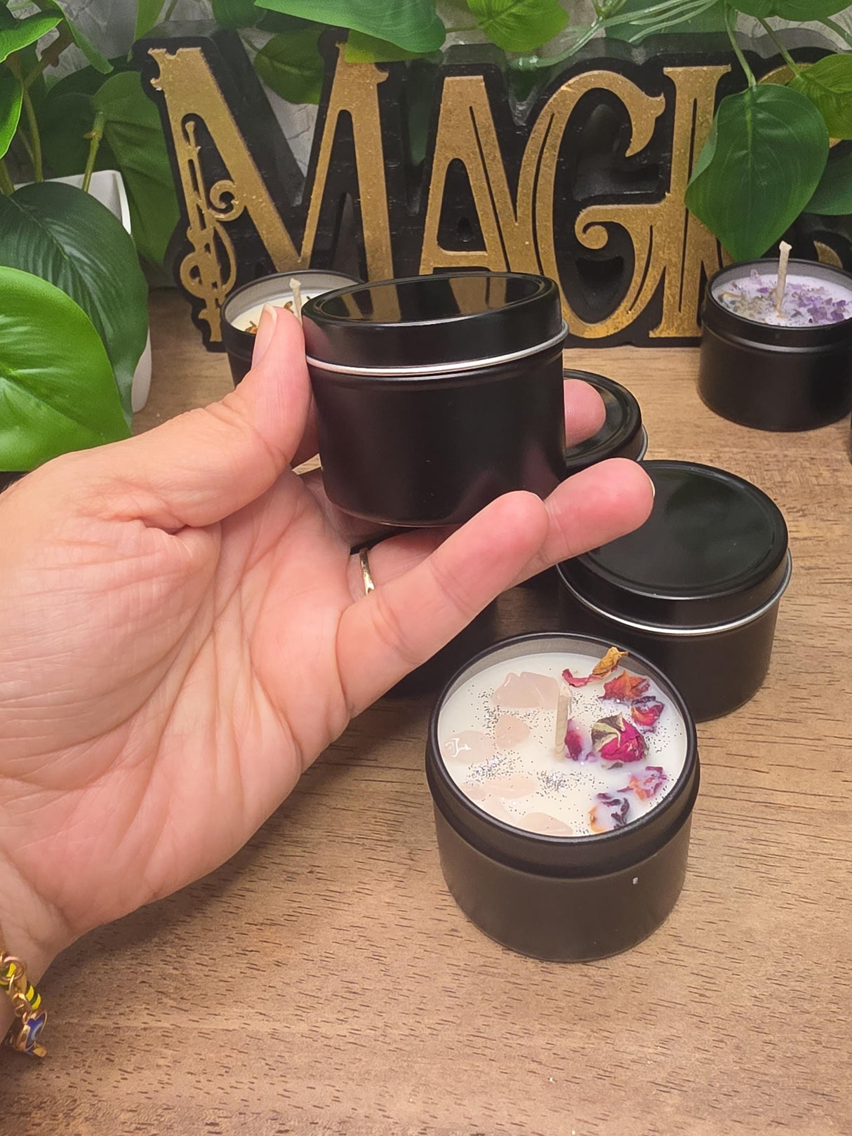 Handmade Crystal Flower Soy Candle, Black Tin, Witchy Mystical Home Fragrance