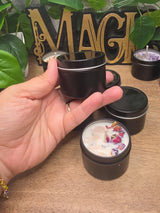 Handmade Crystal Flower Soy Candle, Black Tin, Witchy Mystical Home Fragrance
