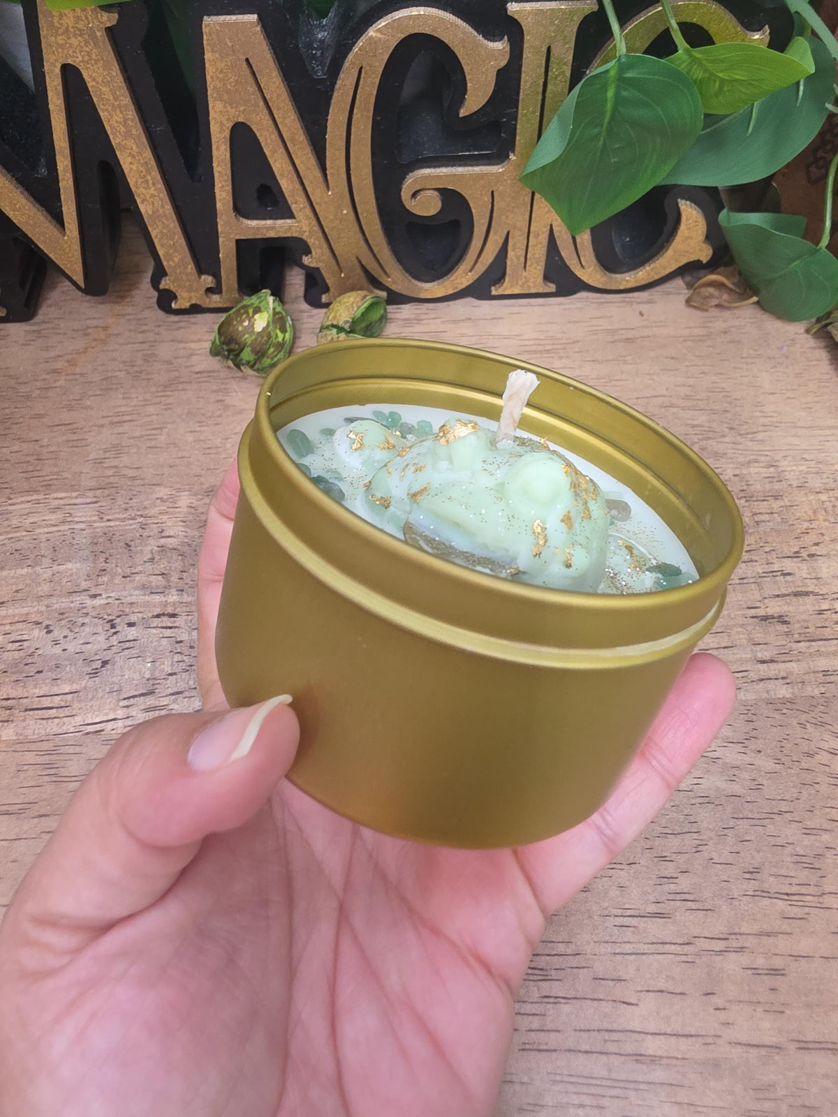 Handmade Frog Soy Candle, Green Aventurine, Patchouli Scent, Gold Tin (8 oz)