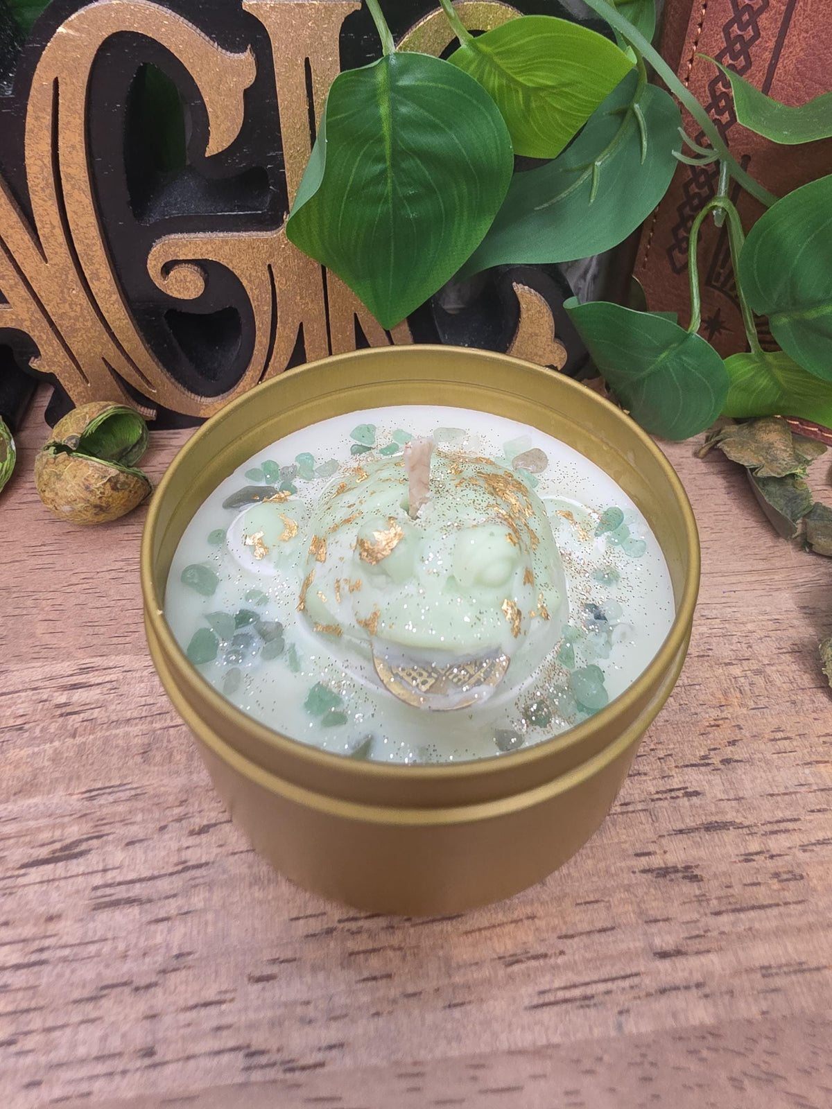 Handmade Frog Soy Candle, Green Aventurine, Patchouli Scent, Gold Tin (8 oz)