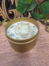 Handmade Frog Soy Candle, Green Aventurine, Patchouli Scent, Gold Tin (8 oz)
