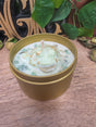 Handmade Frog Soy Candle, Green Aventurine, Patchouli Scent, Gold Tin (8 oz)