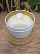 Handmade Meditating Buddha Soy Wax Candle, White Gold Tin, Zen Decor (8 oz)