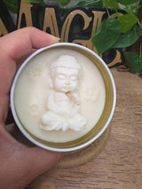 Handmade Meditating Buddha Soy Wax Candle, White Gold Tin, Zen Decor (8 oz)