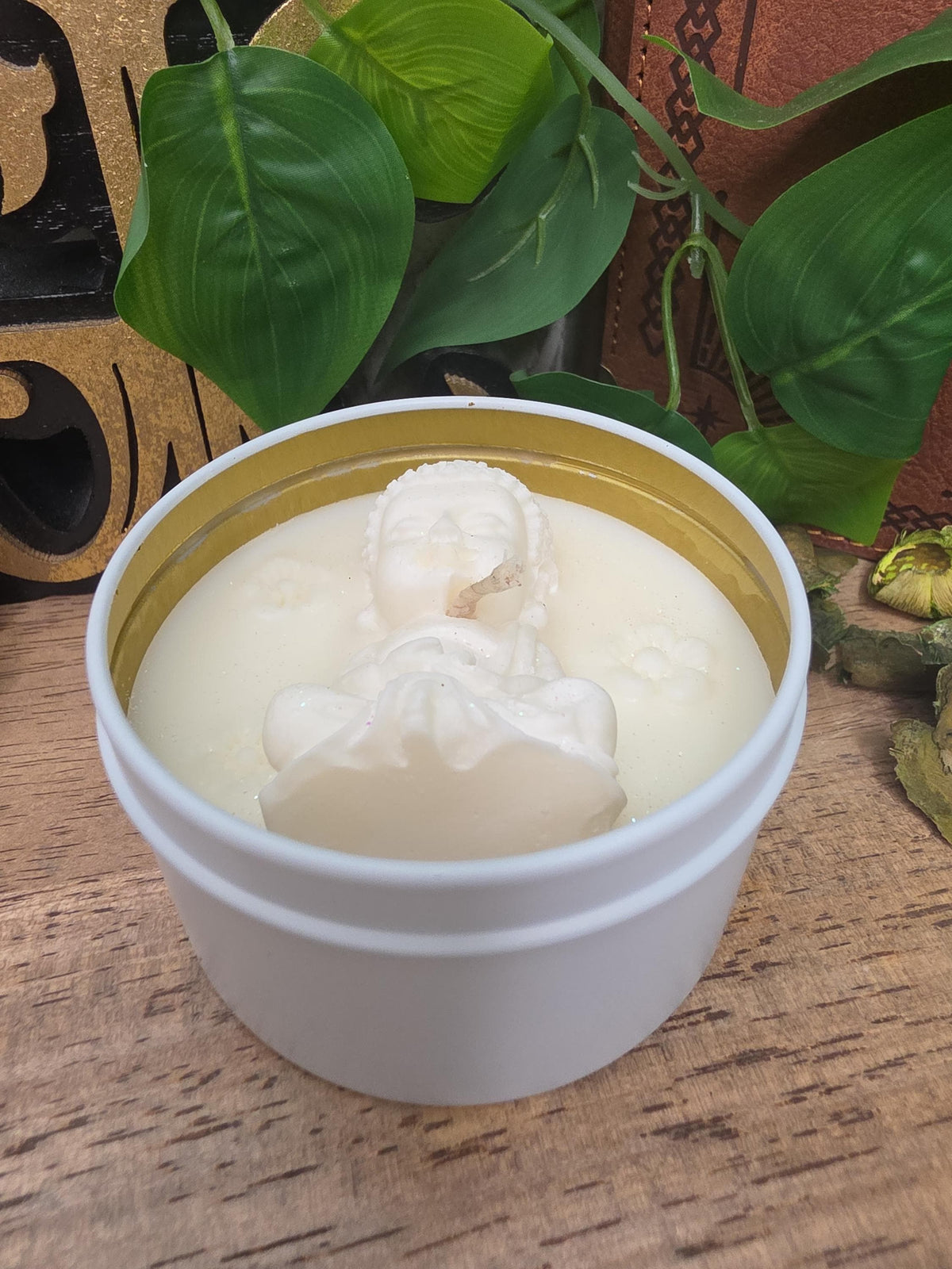 Handmade Meditating Buddha Soy Wax Candle, White Gold Tin, Zen Decor (8 oz)