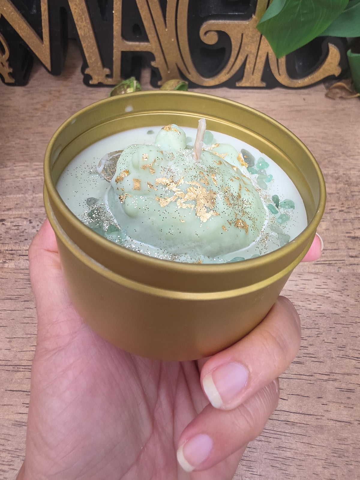 Handmade Frog Soy Candle, Green Aventurine, Patchouli Scent, Gold Tin (8 oz)