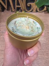 Handmade Frog Soy Candle, Green Aventurine, Patchouli Scent, Gold Tin (8 oz)