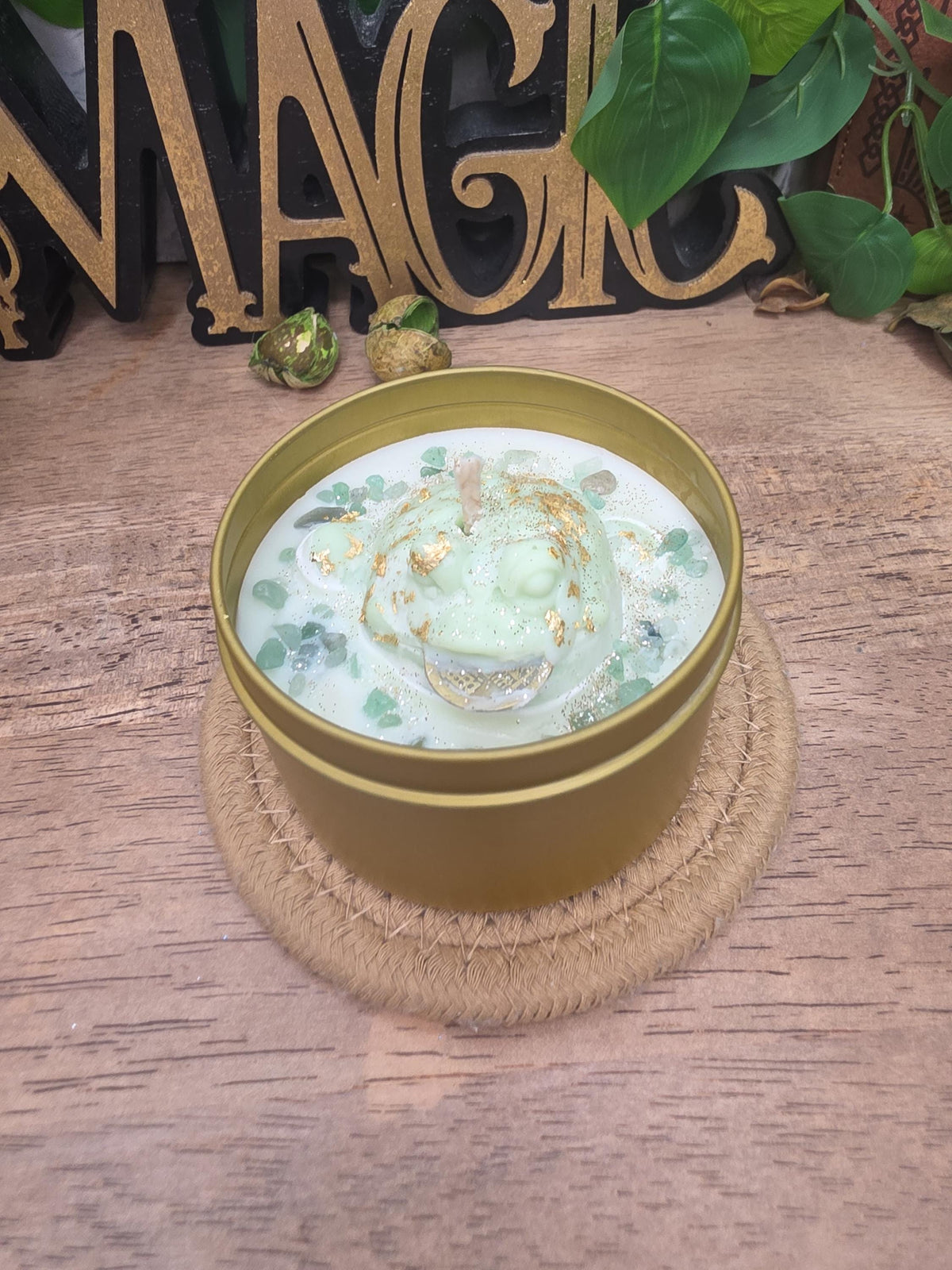Handmade Frog Soy Candle, Green Aventurine, Patchouli Scent, Gold Tin (8 oz)