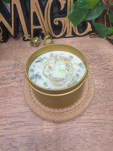 Handmade Frog Soy Candle, Green Aventurine, Patchouli Scent, Gold Tin (8 oz)