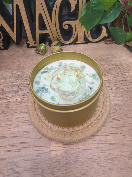 Handmade Frog Soy Candle, Green Aventurine, Patchouli Scent, Gold Tin (8 oz)