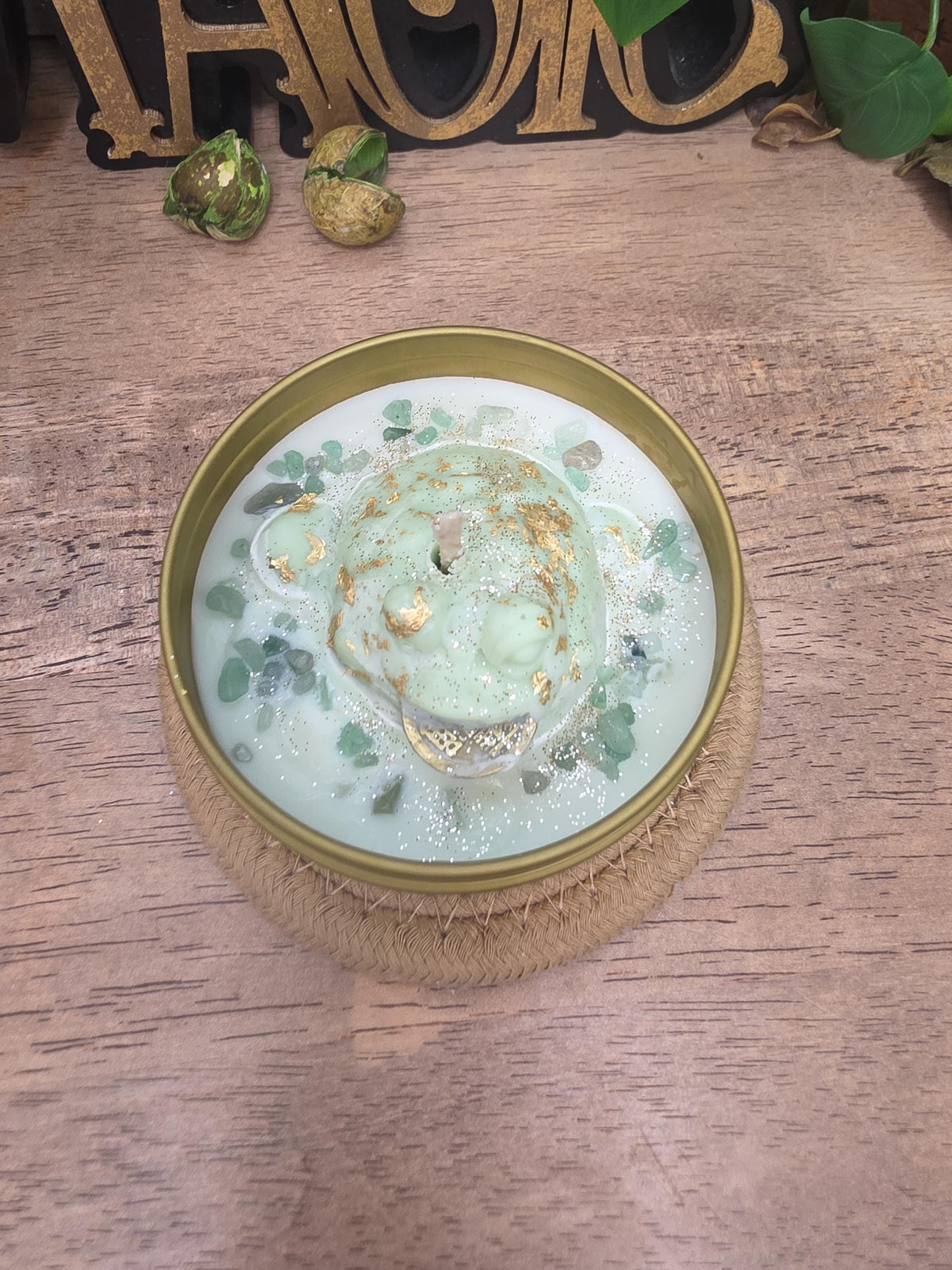 Handmade Frog Soy Candle, Green Aventurine, Patchouli Scent, Gold Tin (8 oz)