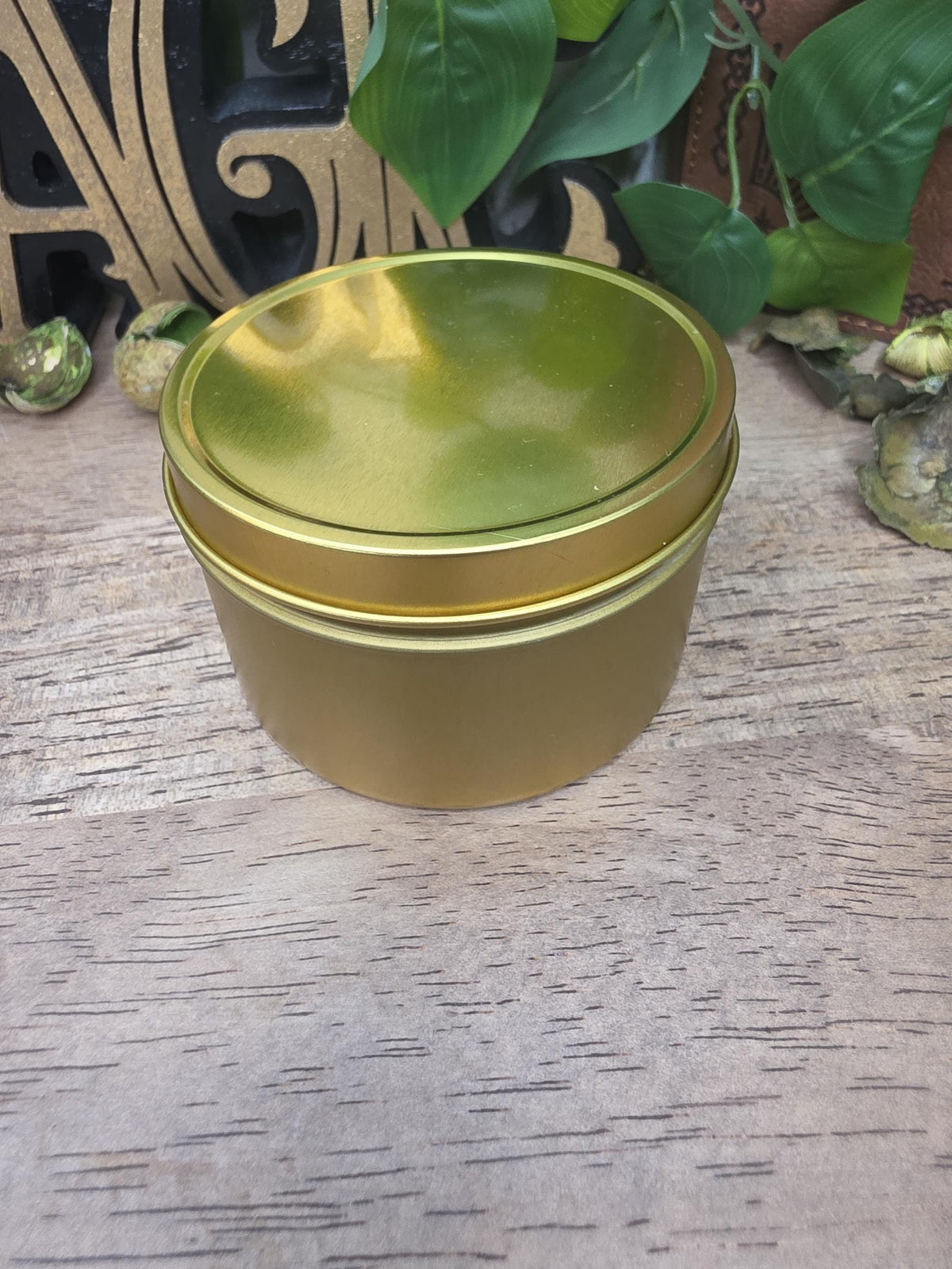 Handmade Frog Soy Candle, Green Aventurine, Patchouli Scent, Gold Tin (8 oz)