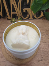 Handmade Meditating Buddha Soy Wax Candle, White Gold Tin, Zen Decor (8 oz)