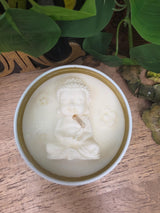 Handmade Meditating Buddha Soy Wax Candle, White Gold Tin, Zen Decor (8 oz)