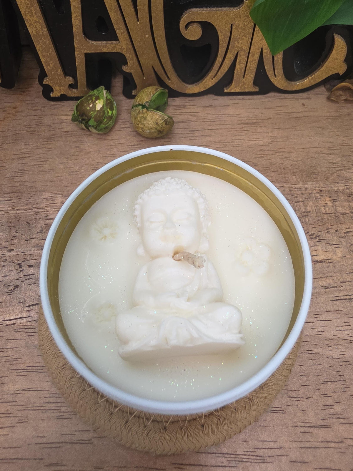 Handmade Meditating Buddha Soy Wax Candle, White Gold Tin, Zen Decor (8 oz)