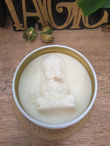 Handmade Meditating Buddha Soy Wax Candle, White Gold Tin, Zen Decor (8 oz)