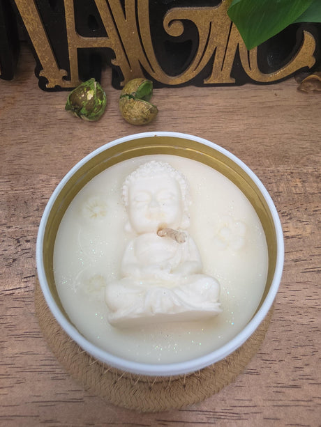 Handmade Meditating Buddha Soy Wax Candle, White Gold Tin, Zen Decor (8 oz)