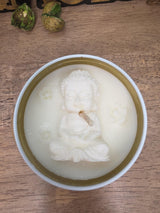 Handmade Meditating Buddha Soy Wax Candle, White Gold Tin, Zen Decor (8 oz)