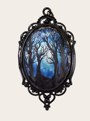 Enchanted Forest Pendant, Oval Gothic Glass Pendant, Moonlit Forest Charm, DIY Jewelry Making Supply, Witchy Craft Supply, Quantity 1