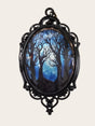 My Magic Place Shop oval pendant featuring a moonlit forest scene in a vintage-style black filigree metal setting.