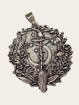 My Magic Place Shop silver witch broom and crescent moon pendant charm with floral detailing for jewelry making