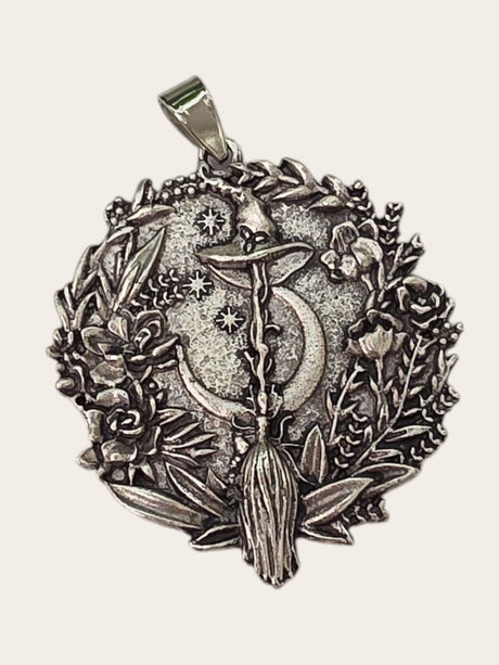 My Magic Place Shop silver witch broom and crescent moon pendant charm with floral detailing for jewelry making
