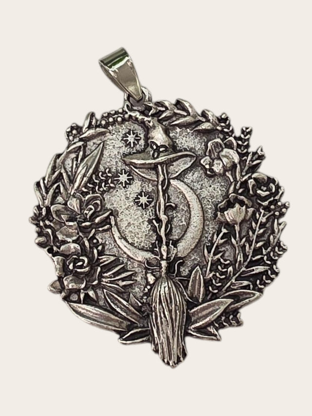 My Magic Place Shop silver witch broom and crescent moon pendant charm with floral detailing for jewelry making