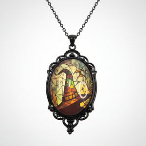 Oval Gothic Witch Hat Pendant – Glass Cabochon Charm for DIY Jewelry Making